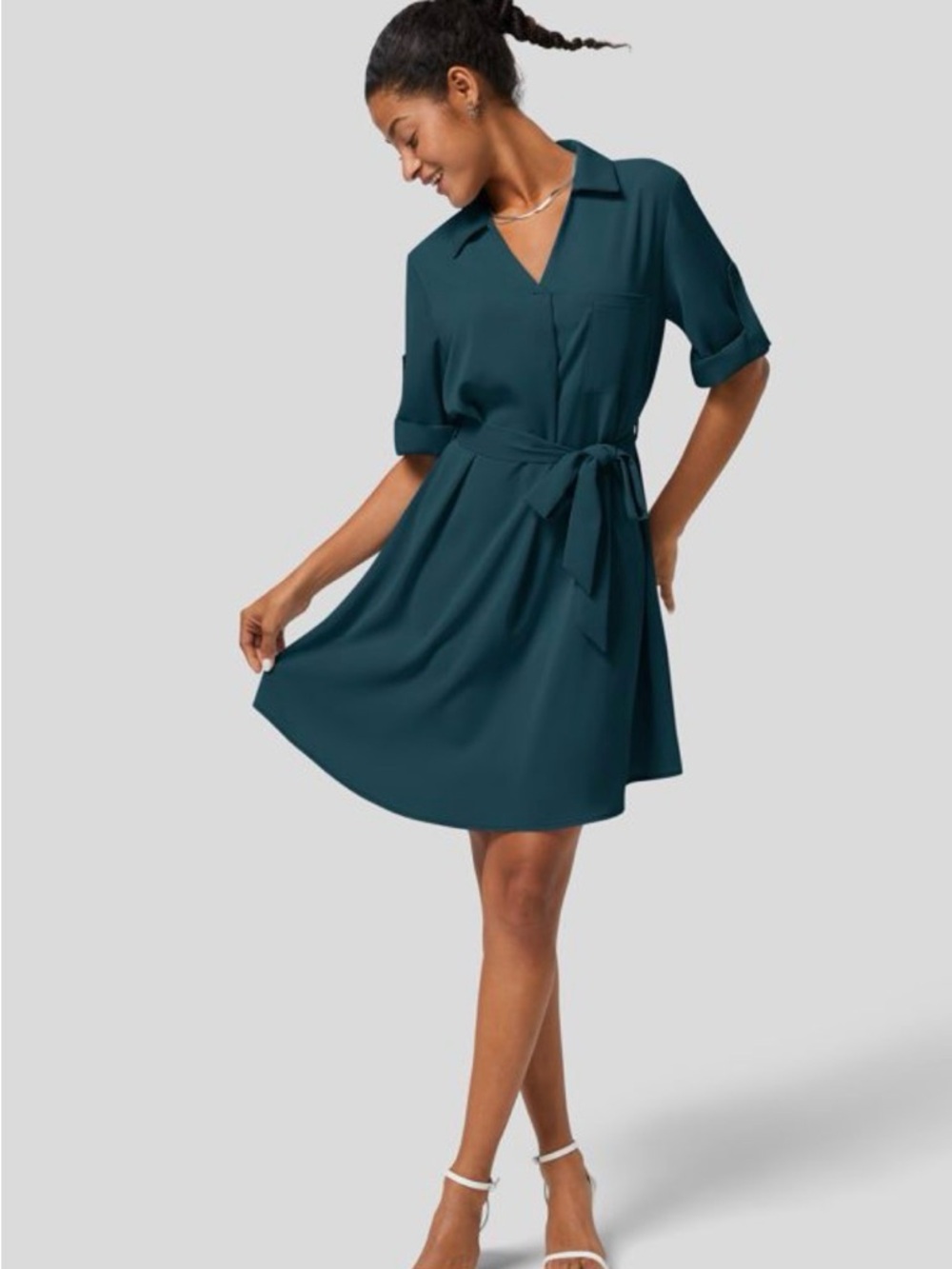 HALARA Teal Shirt Dress with Tie Waist